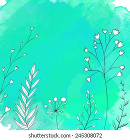 Nature turquoise background with white hand drawn plants. Vector backdrop with copyspace.