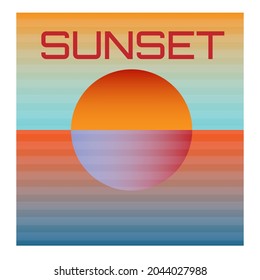 Nature in twilight period. Bright sunset with large sun under the sea surface. Vector illustration.