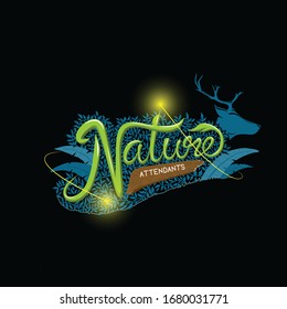 nature typography design logo on leaf background, with deer and fairy surrounding