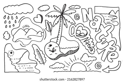 nature typography with hand drawn hills, sun, leaves, clouds, palm tree, beach and other elements. Web banner for other elements of nature. Vector illustration