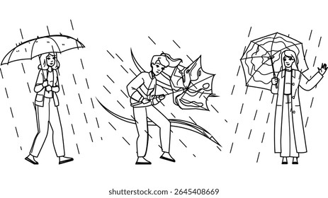 nature umbrella rain woman vector. weather summer, spring autumn, joy water nature umbrella rain woman character. people black line pencil drawing illustration