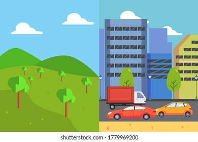 Concepto de vectores de dualidad urbana y natural: colinas verdes llenas de árboles y el camino de la ciudad lleno de vehículos