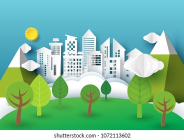 Nature urban forest landscape creative idea concept design.Origami city on blue sky paper art style.Vector illustration