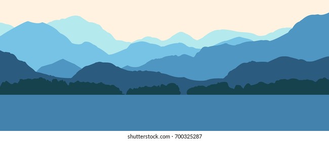 Nature vector background, asian landscape with mountains and sea. Panorama of mountains, wilderness, sands, valley on sunset or sunrise.