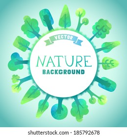 Nature vector background. Vector geometric trees and grass silhouettes. There is place for your text in the center.