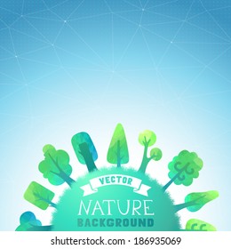 Nature vector background. Vector geometric trees and grass silhouettes. There is place for your text on the Earth and in the sky.