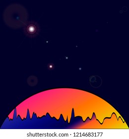 Nature vector background, landscape with forest and sun. Evening panorama of forest or wilderness on sunset. Dark starry sky. Vector illustration