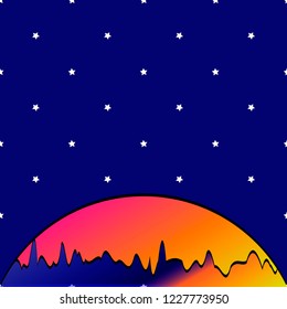 Nature vector background, landscape with forest and sun. Evening panorama of forest or wilderness on sunset. Dark starry sky