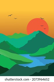 Fondo vectorial de la naturaleza, paisaje con montañas verdes y sol. Panorama de montañas, desierto, pájaros, valle al atardecer o amanecer.