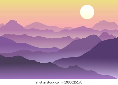Nature vector background, landscape with mountains and sun. Panorama of mountains, wilderness, sands, valley on sunset or sunrise.