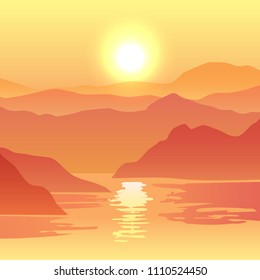 Nature vector background, landscape with mountains and sun. Panorama of mountains, wilderness, sands, valley on sunset or sunrise.
