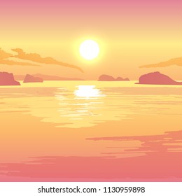 Nature vector background, landscape with mountains and sun. Panorama of mountains, wilderness, sands, valley on sunset or sunrise.