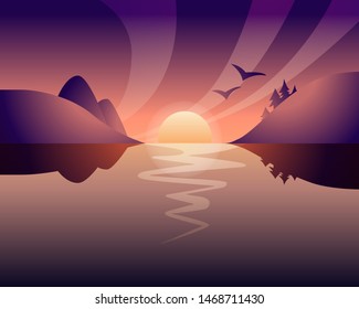 Nature vector background, landscape with mountains and sun. Sanset lake illustration.
