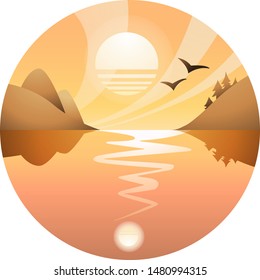 Nature vector background, landscape with mountains and sun.