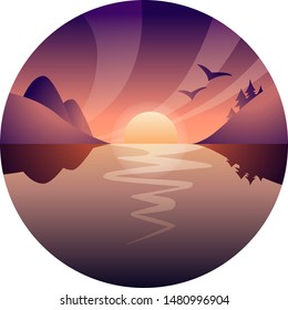 Nature vector background, landscape with mountains and sun.