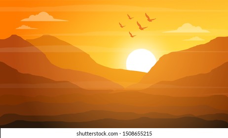 Nature vector background, landscape with mountains and sunrise
