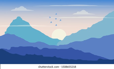 Nature vector background, landscape with mountains and sunrise