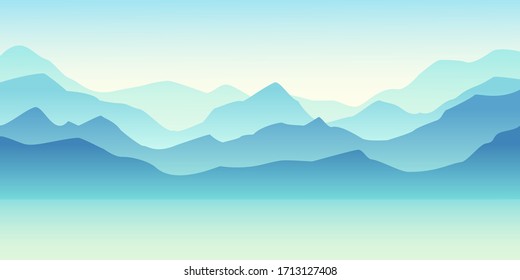 Nature vector background, landscape with mountains and sun. Panorama of mountains, wilderness, sands, valley on sunset or sunrise.