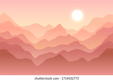 Fondo vectorial natural, paisaje con montañas y sol. Panorama de montañas, desierto, arenas, valle al atardecer o amanecer.