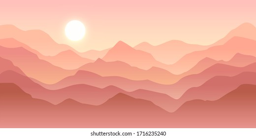 Nature vector background, landscape with mountains and sun. Panorama of mountains, wilderness, sands, valley on sunset or sunrise.