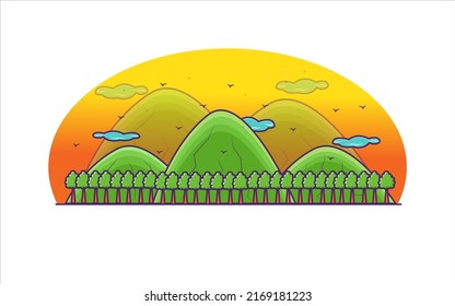 Nature vector background, landscape with mountains  and tree with sunset view