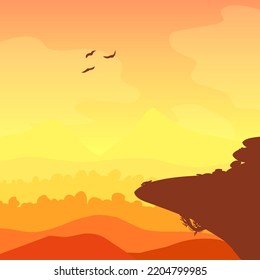 Nature vector background, landscape with mountains and sun. Panorama of mountains, wilderness, sands, valley on sunset or sunrise. Vector