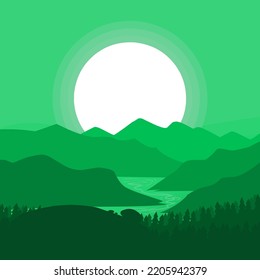 Nature vector background, landscape with mountains and sun. Panorama of mountains, wilderness, sands, valley on sunset or sunrise. Vector