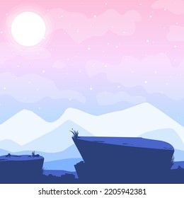 Nature vector background, landscape with mountains and sun. Panorama of mountains, wilderness, sands, valley on sunset or sunrise. Vector