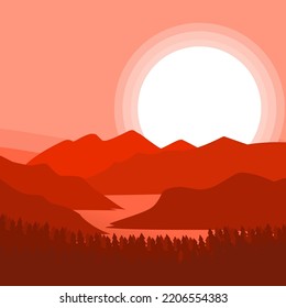 Nature vector background, landscape with mountains and sun. Panorama of mountains, wilderness, sands, valley on sunset or sunrise. Vector