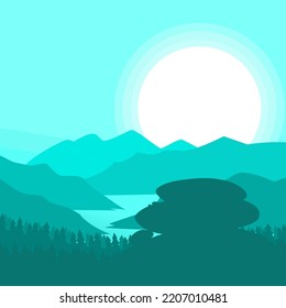 Nature vector background, landscape with mountains and sun. Panorama of mountains, wilderness, sands, valley on sunset or sunrise. Vector