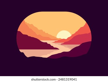 Nature vector background landscape with mountains and rivers at sunset or sunrise