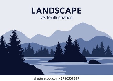Fondo de Vector de Naturaleza, paisaje con montañas, lago y pinar. Panorama de montañas, río, valle con pinos.