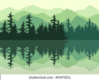 Nature vector background, landscape with mountains, lake and pine forest. Panorama of mountains, river, valley with trees.