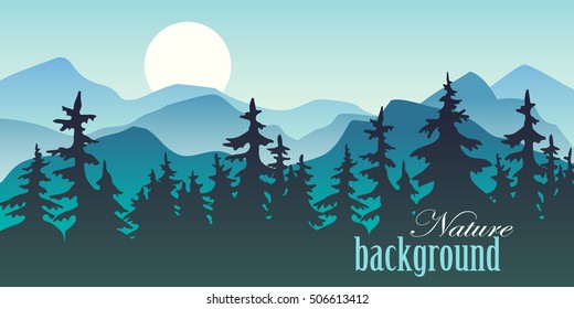 Nature vector background, landscape with mountains and pine forest. Panorama of mountains, valley with trees.