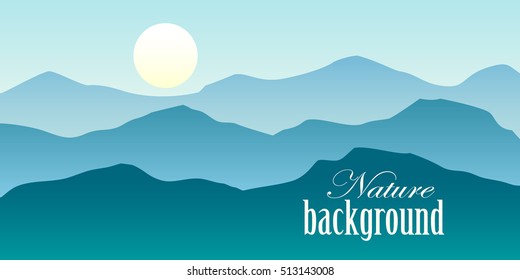 Nature vector background, landscape with mountains and sun. Panorama of mountains, valley on sunset or sunrise.