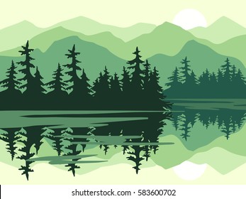 Nature vector background, landscape with mountains, lake  and pine forest. Panorama of mountains, river, valley with trees.