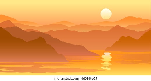 Nature vector background, landscape with mountains and the sun. Panorama of mountains, wilderness, sands, Valley on sunset or sunrise.