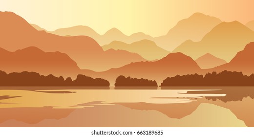 Nature vector background, landscape with mountains and sun. Panorama of mountains, wilderness, sands, valley on sunset or sunrise.