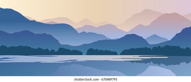 Nature vector background, landscape with mountains and sun. Panorama of mountains, wilderness, sands, valley on sunset or sunrise.