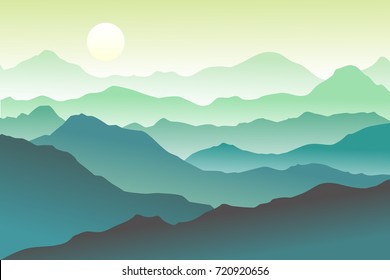 Nature vector background, landscape with mountains and sun. Panorama of mountains, wilderness, sands, valley on sunset or sunrise.