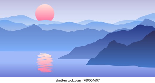 Nature vector background, landscape with mountains and sun. Panorama of mountains, wilderness, sands, valley on sunset or sunrise.