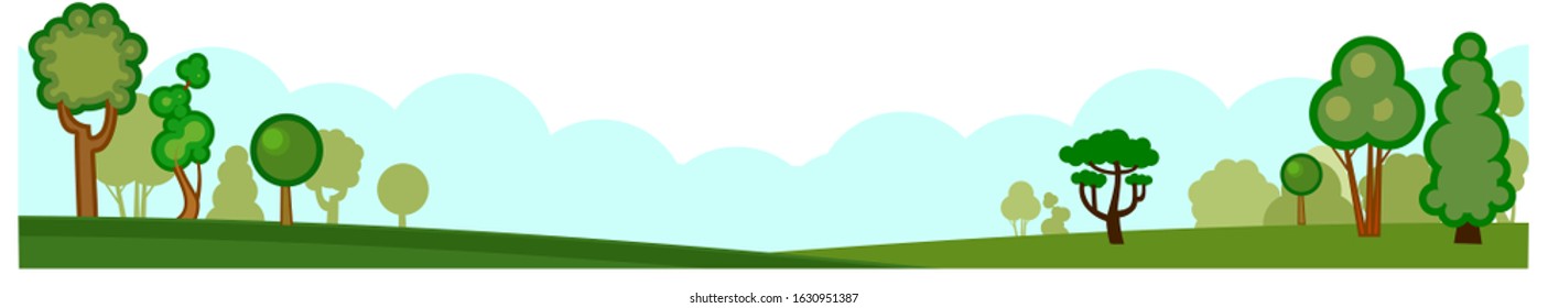 Nature. Vector. Background picture. Horizontal landscape. Symbolic cartoon flat trees. Isolated on a white background. Trees in the meadow and clouds.
