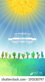 Nature vector background. Sun in the sky. Vector geometric trees and sun, grass silhouettes. There is place for your text on the Earth and in the sky.