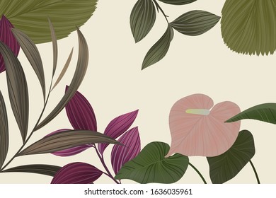 Nature vector background, tropical leaves and pink flower in dark green tone