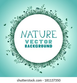 Nature vector background. Vector wild herbs and flowers silhouettes. There is place for your text in the center.