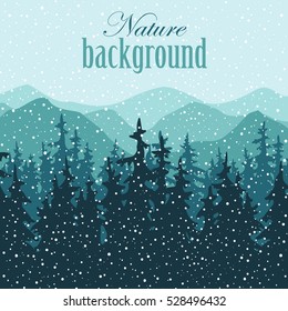 Nature vector background, winter landscape in snowfall with mountains and pine forest. Panorama of mountains, valley with trees.