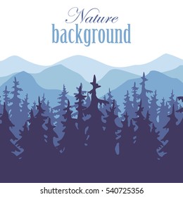 Nature vector background, winter landscape in snowfall with mountains and pine forest. Panorama of mountains, valley with trees.