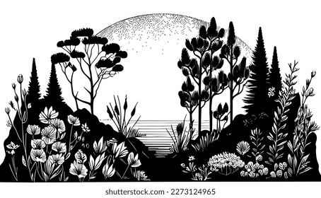 Nature vector black line illustration isolated white. Sketch art