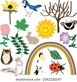 Nature vector collection, design elements. Featuring flowers, birds, tree, leaves, owl, butterfly, rainbow, ladybug, squirrel, owl, and a happy sun.