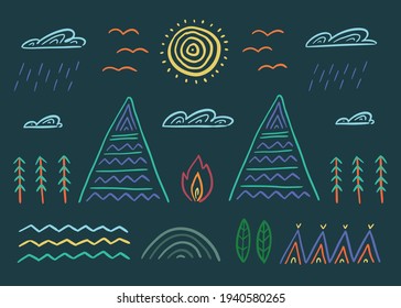 nature vector colorful hand-drawn background. Sun, cloud, mountain, tree, bonfire, terrain.